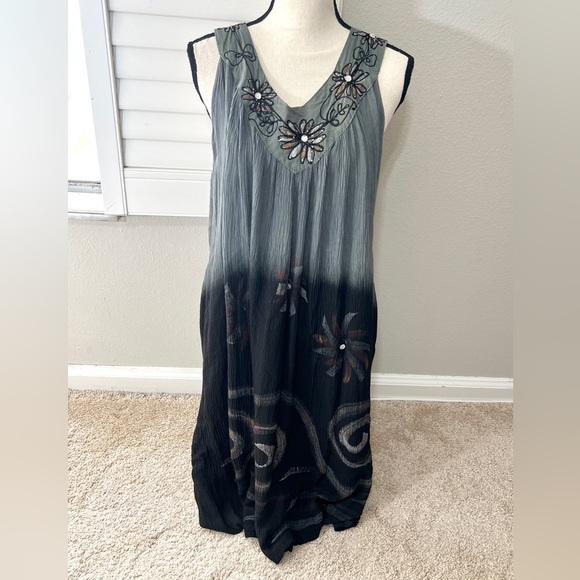 Womens Sleeveless Dress One Size Gauzy Flowy Ombré Hippie Indie Embroidered - Picture 7 of 11